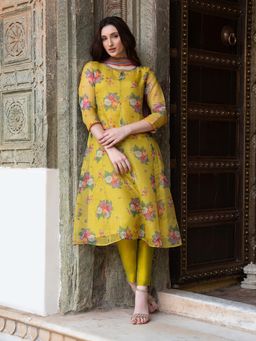 W - Green Floral Printed Sequined Kota Flared Kurta with Pants and Dupatta (Set of 3)