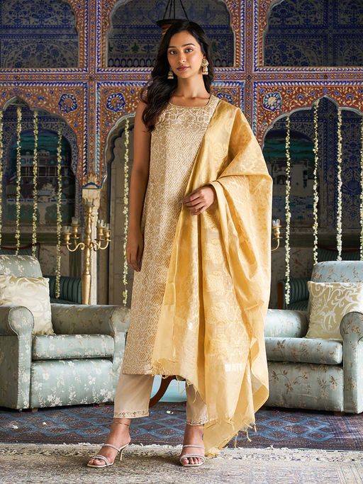 W Beige Jacquard Sleeveless Embellished Kurta with Pant and Dupatta (Set of 3)