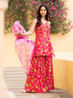 W - Pink Floral Printed Sleeveless Short Kurta with Sharara and Dupatta (Set of 3)