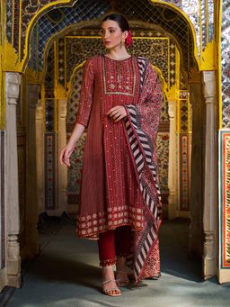 W - Rust Red Geometric Printed Embroidered Flared Kurta with Pant and Dupatta (Set of 3)