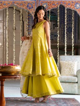 W - Green Printed Embellished Flared Kurta with Culottes and Embroidered Dupatta (Set of 3)