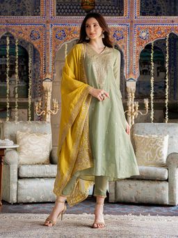 W - Green Metallic Embroidered Tissue Flared Kurta with Pant and Dupatta (Set of 3)