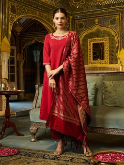 W - Red Embroidered Kurta and Pant with Dupatta (Set of 3)