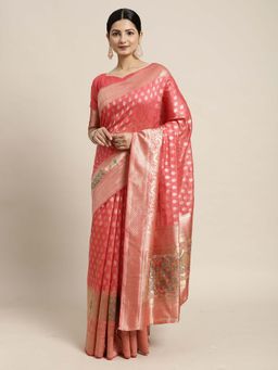 Sareemall - Women Cotton Silk Pink Woven Saree with Unstitched Blouse