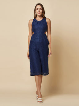 RAASSIO - Women Cotton Net Blue Jumpsuit