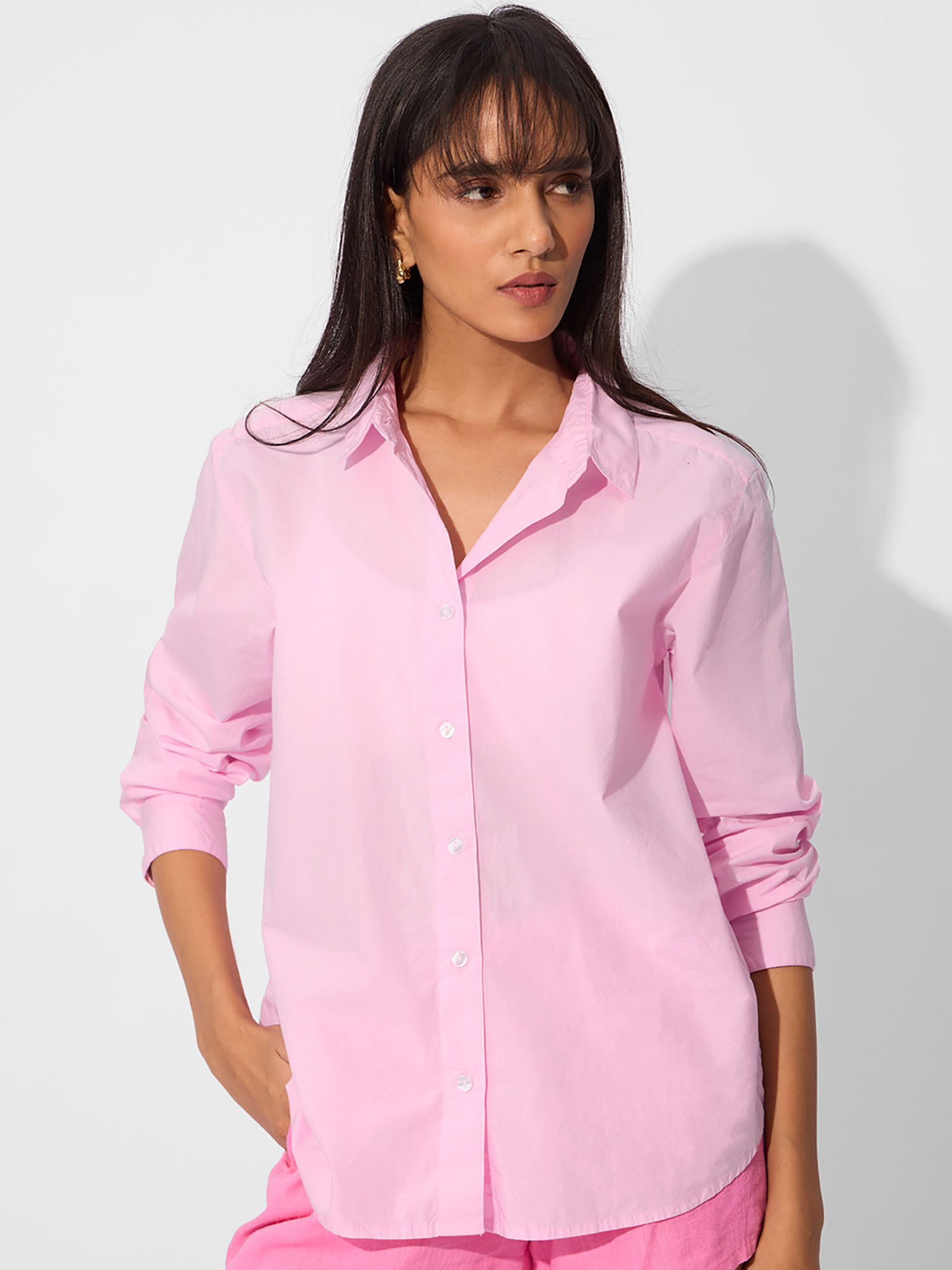 Women Oversize Shirt Pink Solid Shirt