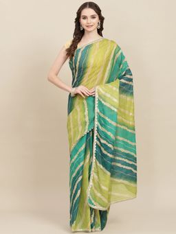 Yufta - Women Green Foiled Print Kota Doria Saree with Unstitched Blouse