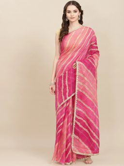 Yufta - Women Pink Foiled Print Kota Doria Saree with Unstitched Blouse