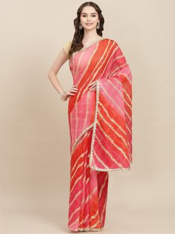Yufta - Women Red Foiled Print Kota Doria Saree with Unstitched Blouse
