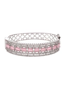 Silvermerc Designs - Women Silver Plated AD Pink Stone Studded Bangle Srtyle Bracelet