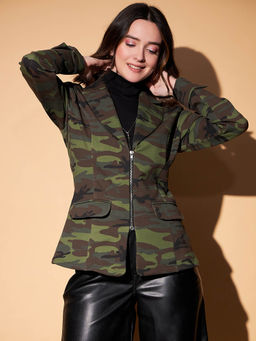 KASSUALLY - Green Camouflage Front Zipper Blazer