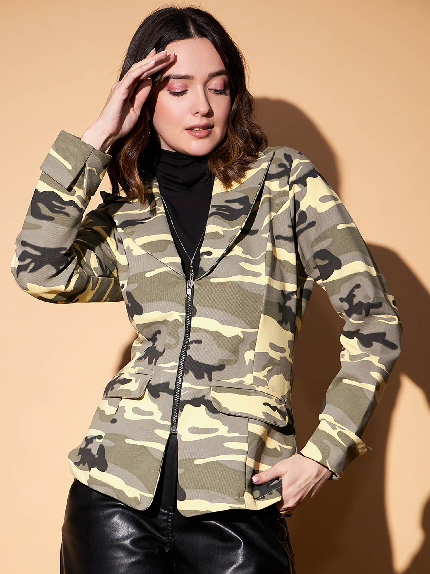 kassually Yellow Camouflage Front Zipper Blazer-picture-31