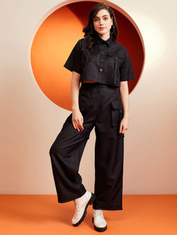 KASSUALLY - Black Flap Pocket Detailed Cargo Co-Ord (Set of 2)