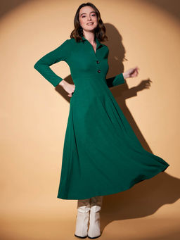 KASSUALLY - Green Fit & Flare Collar Neck Maxi Dress