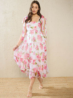 KASSUALLY - White Organza Floral Printed Tried Maxi Dress
