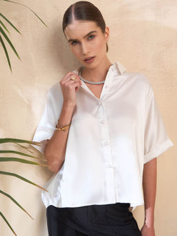 KASSUALLY - White Satin Pearl Embellishment Boxy Shirt