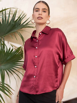 KASSUALLY - Maroon Satin Pearl Embellishment Boxy Shirt