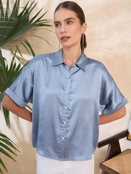 KASSUALLY - Blue Satin Pearl Embellishment Boxy Shirt