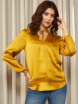 KASSUALLY - Mustard Solid Satin V-Neck Top