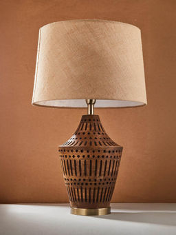 Fabindia - Brown Wood Bedside Table Lamp with Shade