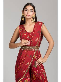 MEHAK MURPANA - Embroidered Red Jumpsuit with Drape and Belt