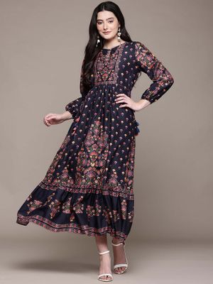 Buy Aarke Ritu Kumar Women Navy Blue Floral Midi Dress (XS) Online