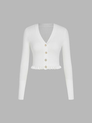 Cider V-Neck Solid Button Knitted Crop Top