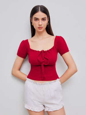 Cider Square Neck Solid Knotted Knitted Short Sleeve Top