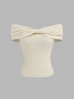 Cider Knit Off-Shoulder Twist Short Sleeve Top