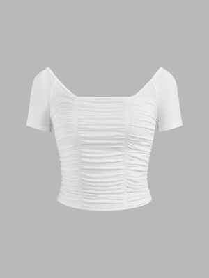 Cider Seamless Square Neck Solid Ruched Crop Short Sleeve Top