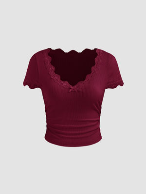 Cider V-Neck Solid Lace Trim Bowknot Ruched Crop Short Sleeve Top