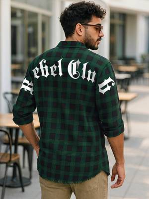 Buy Bewakoof Men's Blue & Green Rebel Club Checked Shirt - Image 1