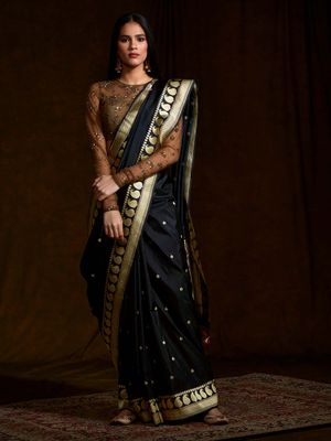 WeaverStory - Black Banarasi Handloom Kadhwa Boota Paisley Border Saree With Unstitched Blouse