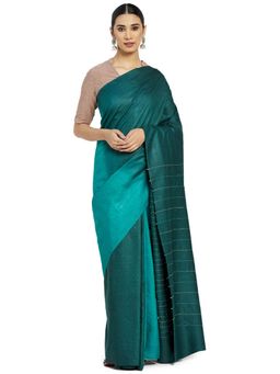 Fabindia - Silk Printed Dark Green Saree without Blouse