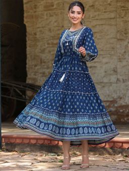 Juniper - Navy Blue Ethnic Motif Printed Pure Cotton Tiered Maxi Dress