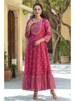 Juniper - Women Pink Mono Viscose Printed With Embroidered Flared Dress