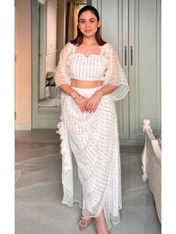Label Kanupriya - White Shimmer Draped Skirt with Crop Top and Jacket (Set of 3)