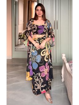 Label Kanupriya - Black Floral Multicolor Crop Top and Draped Skirt with Jacket (Set of 3)