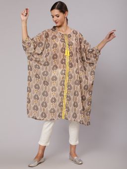 Jaipur Kurti - Brown Mirror Work Printed Kaftan with Cotton Pants (Set of 2)