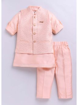 Little Collars - Peach Full Sleeves Embellished Kurta And Pyjama With Jacket