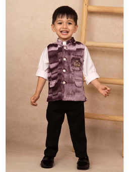 Little Collars - Burgundy Velvet Full Sleeves Solid Shirt, Pant with Nehru Jacket