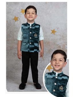 Little Collars - Green Velvet Full Sleeves Solid Shirt, Pant with Nehru Jacket