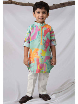 Little Collars - Green Full Sleeves Printed Kurta and Pyjama