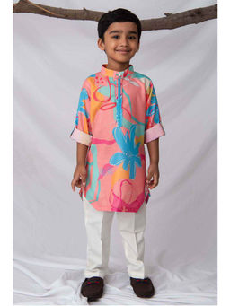 Little Collars - Peach Full Sleeves Printed Kurta and Pyjama