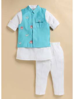 Little Collars - Green Full Sleeves Embroidered Kurta And Pajama With Jacket