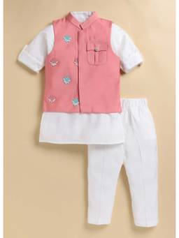 Little Collars - Pink Full Sleeves Embroidered Kurta And Pajama With Jacket