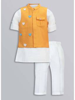 Little Collars - Mustard Full Sleeves Embroidered Kurta And Pyjama With Jacket