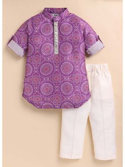 Little Collars - Purple Half Sleeves Printed Kurta and Pyjama