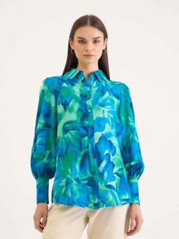 ELLE - Women's Blue Floral All Over Print Elongated Cuff Shirt