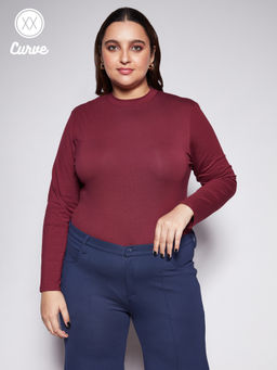 Twenty Dresses by Nykaa Fashion - Curve Wine Solid High Neck Basics Bodysuit